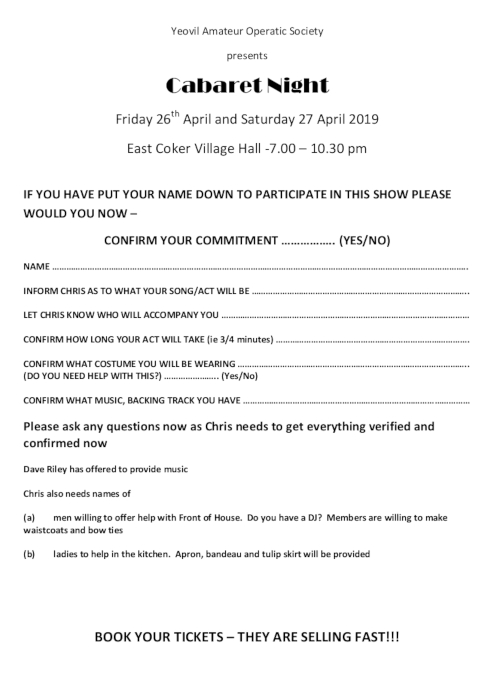 YAOS Cabaret Night - April 2019