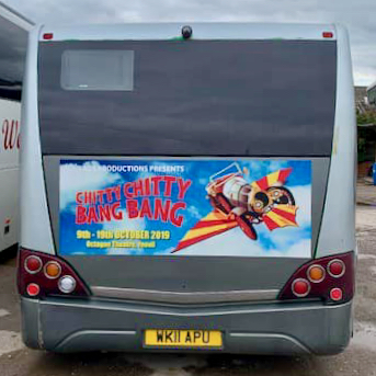 Advertisement for Chitty Chitty Bang Bang on back of local bus