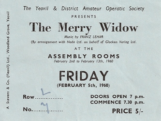 Ticket for the YAOS 1960 production of 'The Merry Widow'