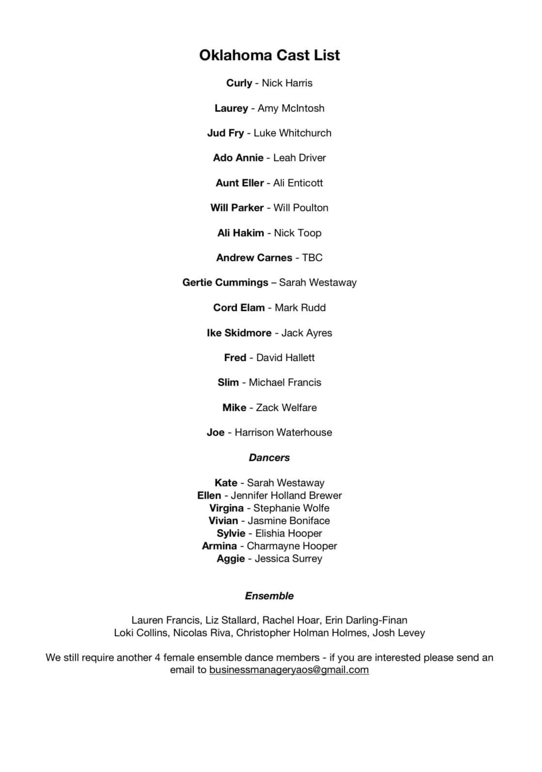 Cast List for the YAOS production of Oklahoma 2024