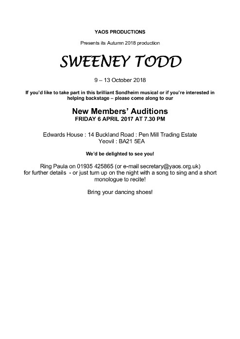 New Members' Auditions for  Sweeney Todd